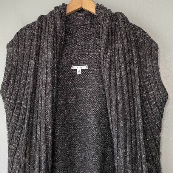 CAbi Cardigan Size S Gray Fringed Chunky Cable Knit Wool Lagenlook Boho Hippie - Picture 2 of 8